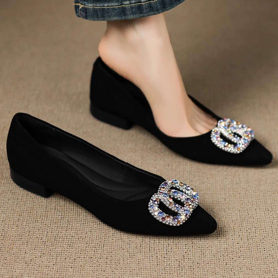 

Women's natural suede leather pointed toe crystal buckle slip-on flats elegant ladies high quality soft comfortable daily shoes