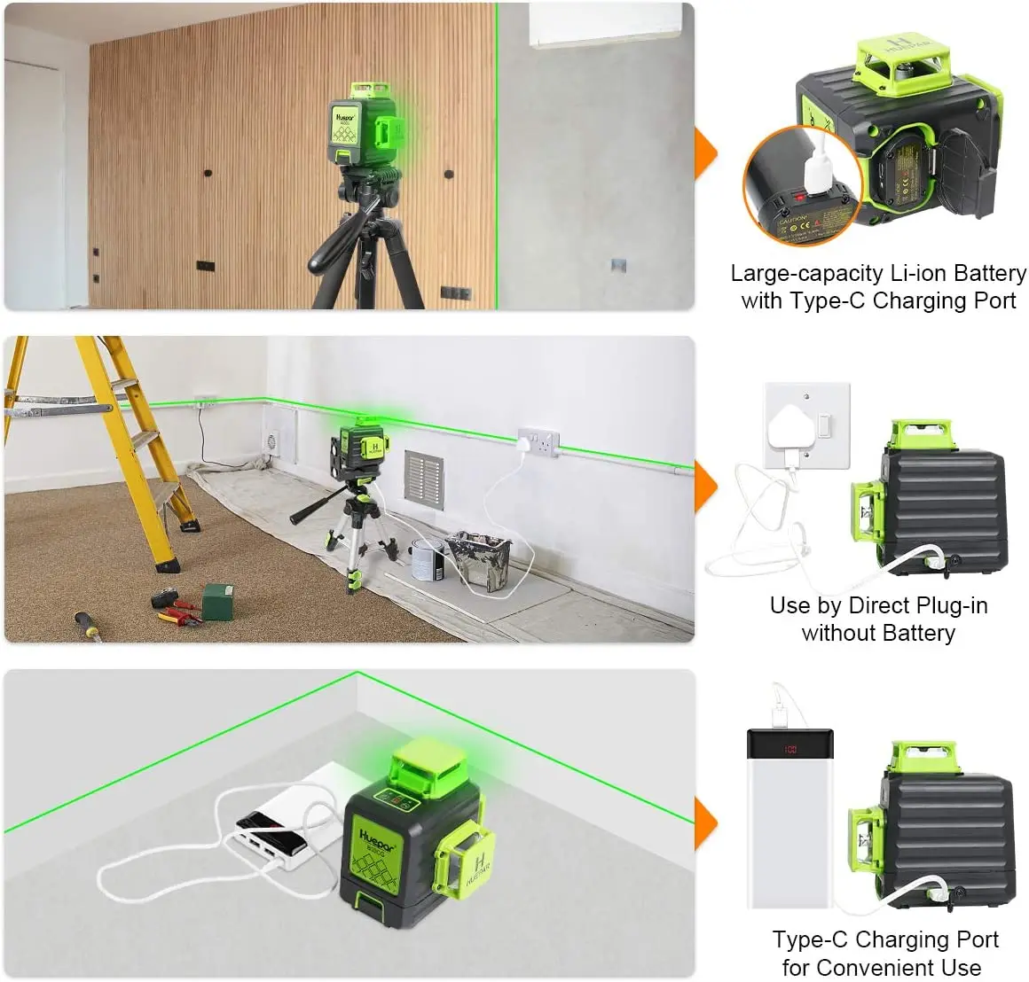 Huepar B03CG 12 beams Laser Level 3D 360 Outdoor Green Leveling Rechargeable Li-ion Battery with Type-C Charging Port