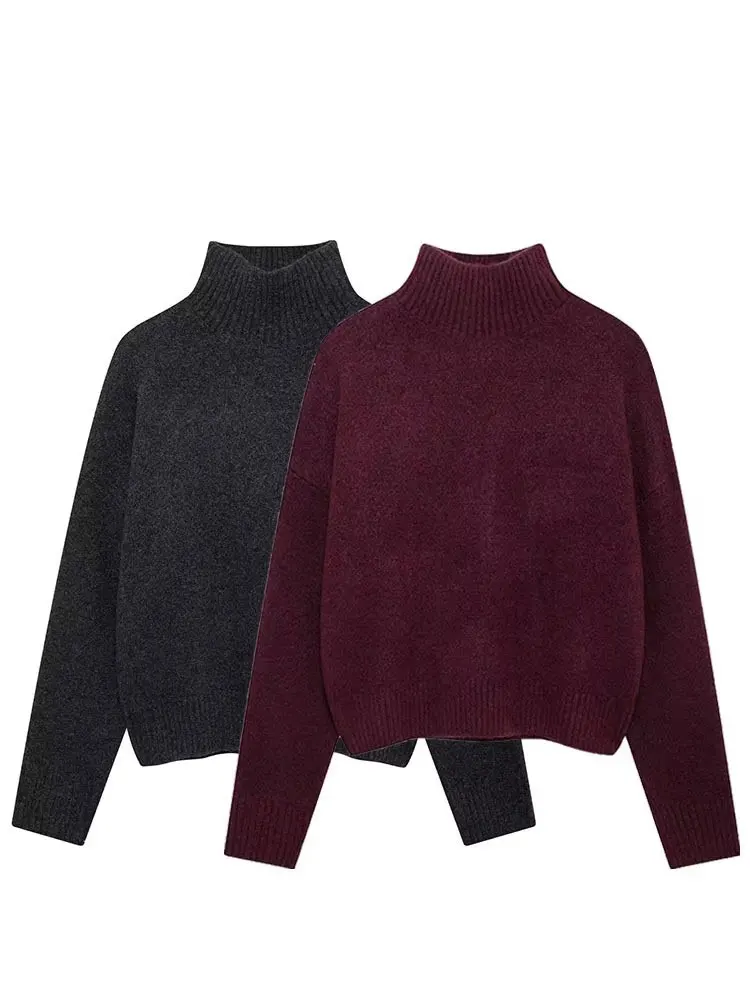 HH Autumn Winter Women Elegant Burgundy Turtleneck Sweater Loose Casual Long Sleeve Knitted Pullover Solid Basic Chic Top