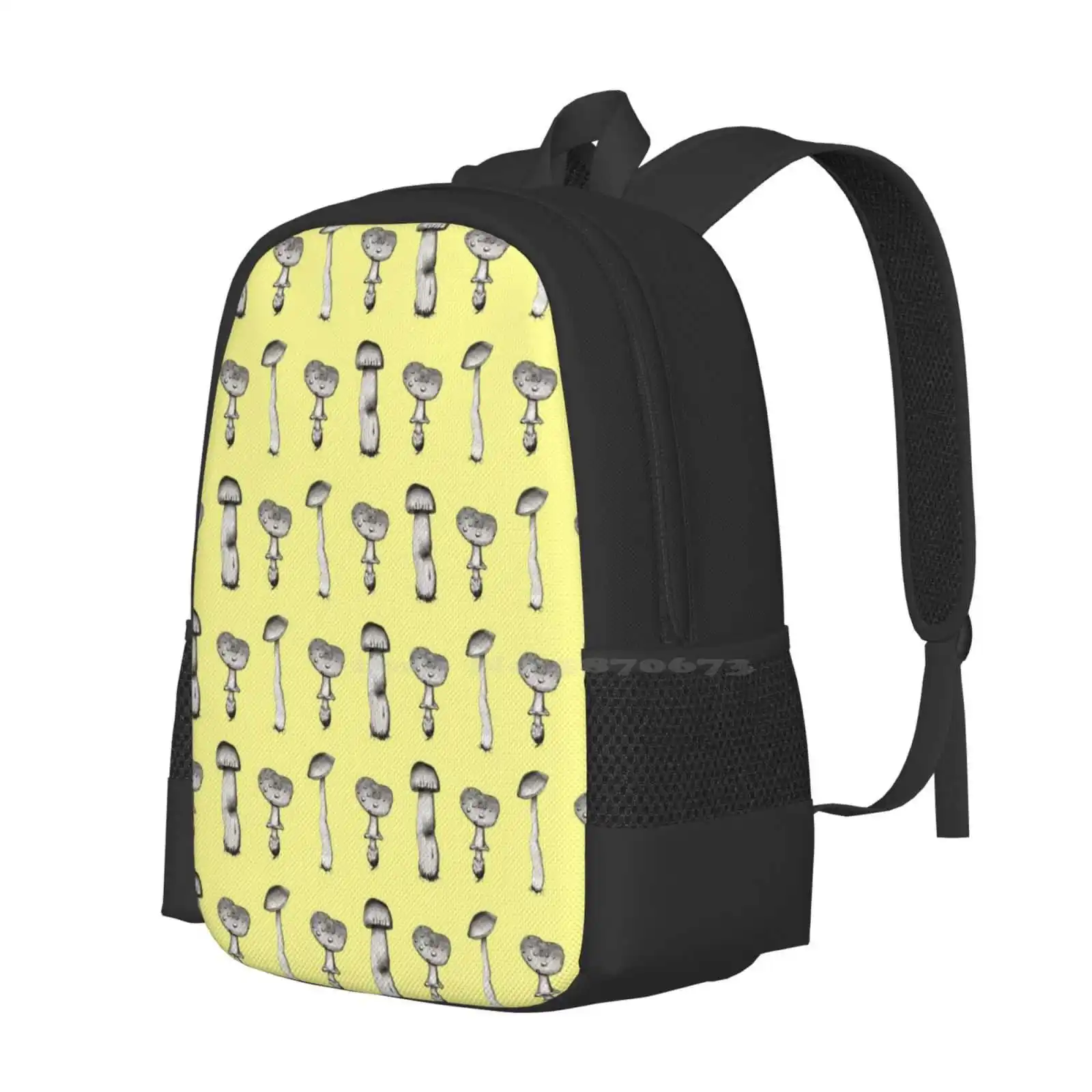 Mushroom Family 3D Print Design Backpack Student Bag Cute Kawaii Botanical Pencil Drawing Pattern Mushrooms Yellow Pastel