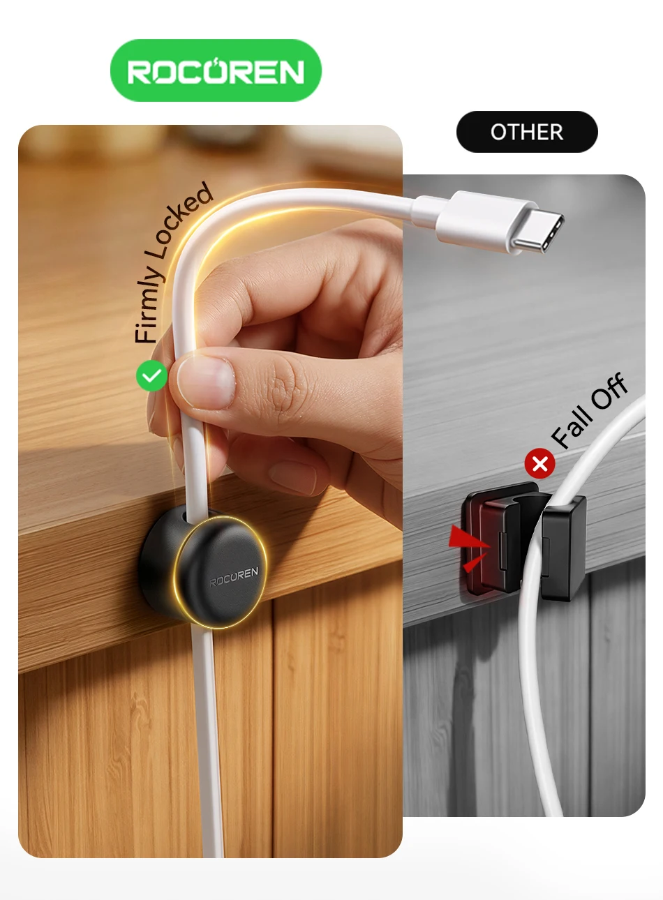 Rocoren Spiral Cover Magnetic Cable Clamp Cable Smooth and Adjustable Rope Holder Under Table Cable Management Cable Organizer
