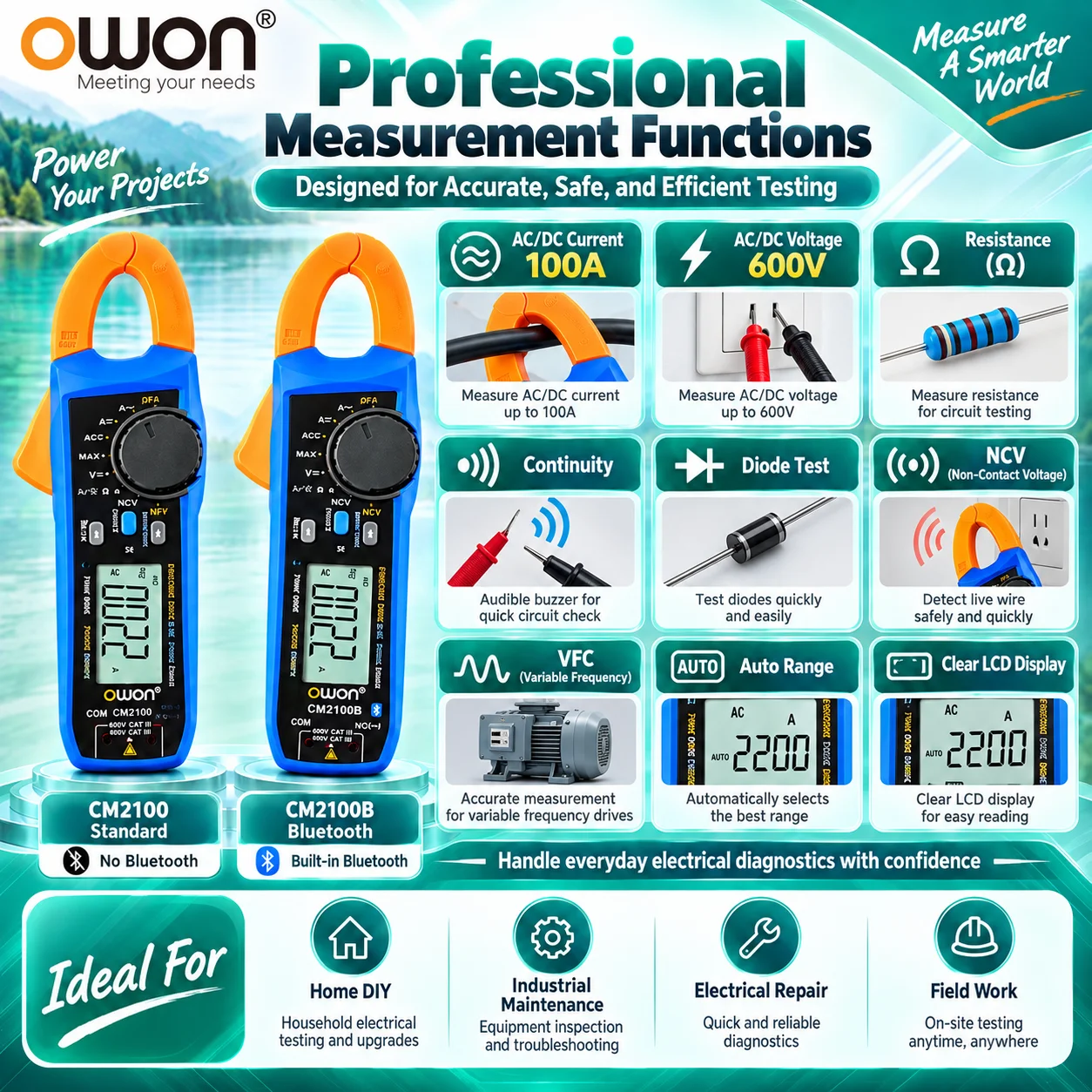 OWON CM2100 CM2100B Bluetooth Clamp Meter 20000 Counts True RMS AC/DC 100A 600V NCV VFC Auto Range Smart Digital Multimeter