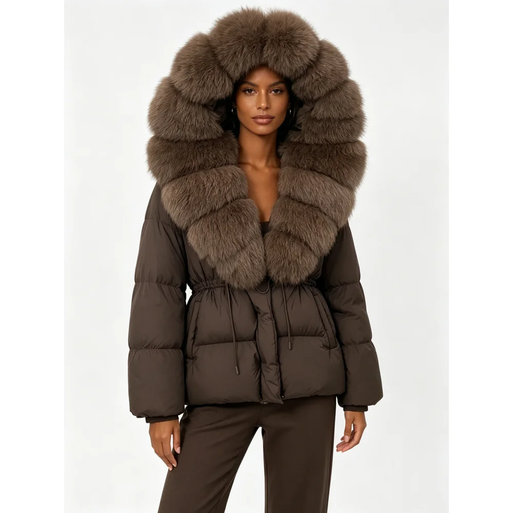 Chaqueta de piel de realidad con cuello de piel auténtica, abrigo de plumón de pato para mujer, abrigo de piel de zorro cálido con capucha para invierno, chaqueta acolchada de piel de mapache Natural para mujer