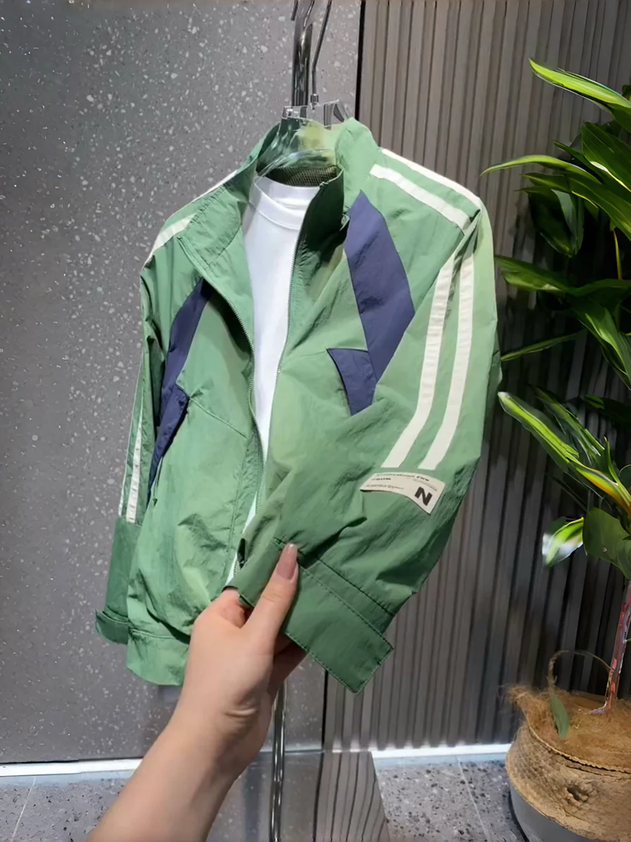 

Модный полосатый лоскутный джет, мужская весенне-осенняя легкая повседневная ветровка высокого класса, облегающая полиэстеровая куртка