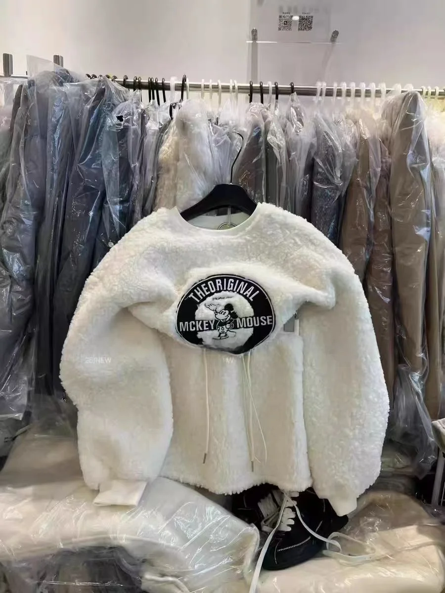

High Waist Slimming Lamb Fur Cartoon Embroidery Sweatshirt Casual Half Skirt Two Piece Set Korean Style Loose Fit Autumn Winter