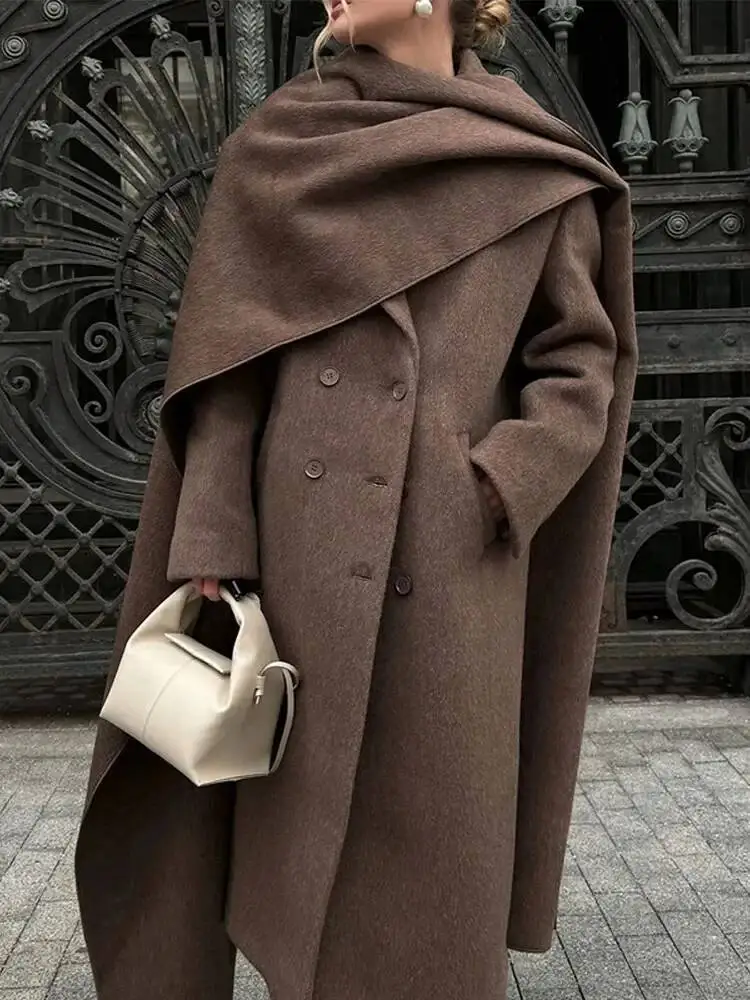 Elegant Big Scarf Collar Women's Coat Fashion Double Breasted Pockets Overcoats 2026 Autumn New High Street Oversize Outerwears