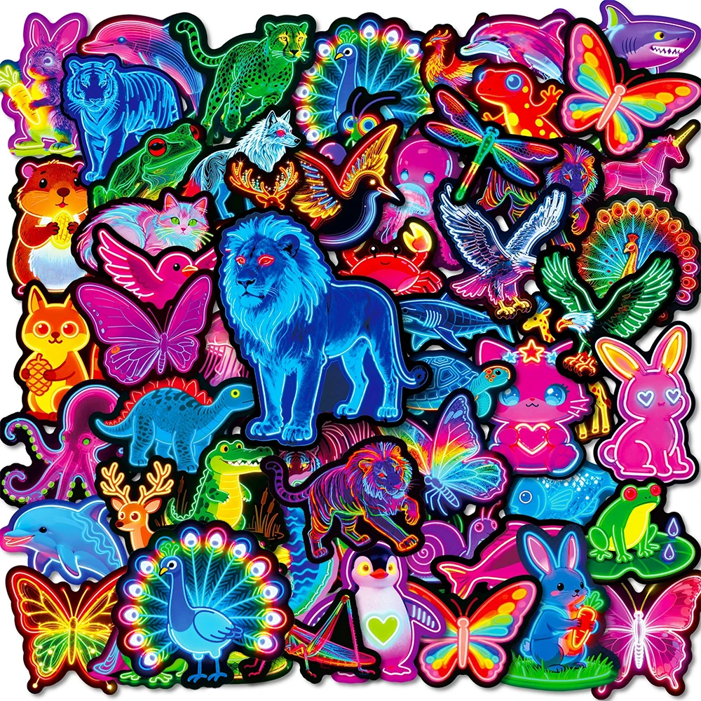 

10/30/56pcs Cute Cartoon Neon Light Animal Stickers Aesthetic DIY Motorcycle Luggage Guitar Helmet Funny Waterproof Sticker Pack