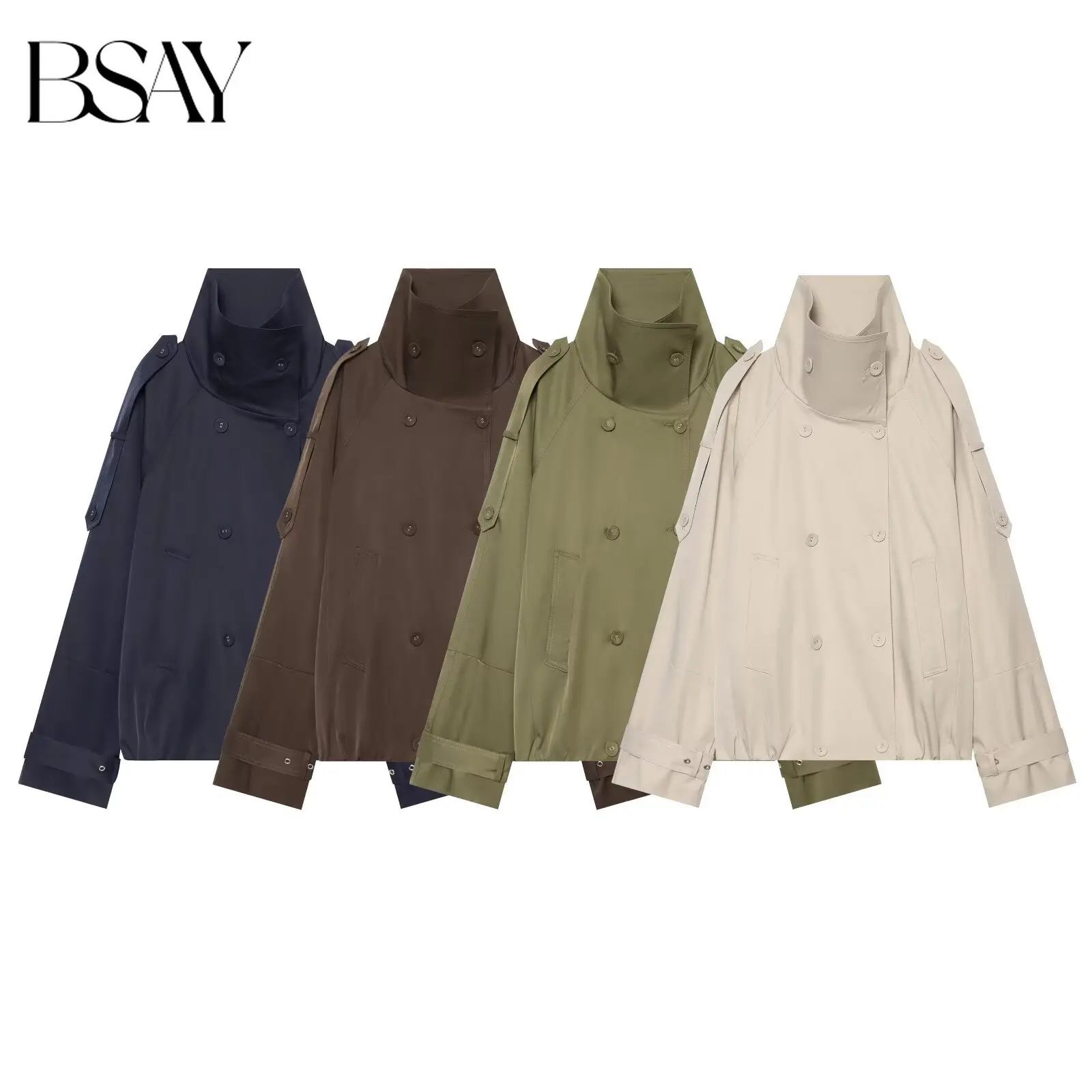 BSAY 2026 New Elegant Ladies Stand Collar Short Wind Coat Epaulet Double Breasted Loose Casual Outerwear Daily Commute Jacket