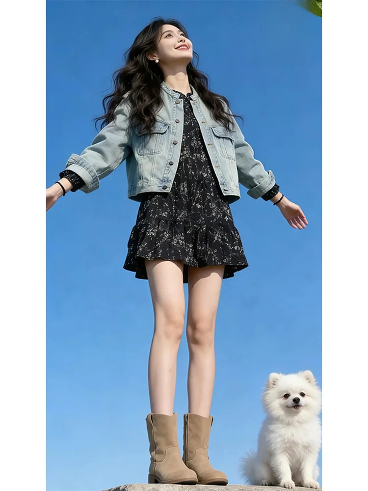 

Spring Fashion Set Women's Denim Jacket Floral Skirt Salt System Casual Style Middle Maturity Outfit High Waist Loose Fit