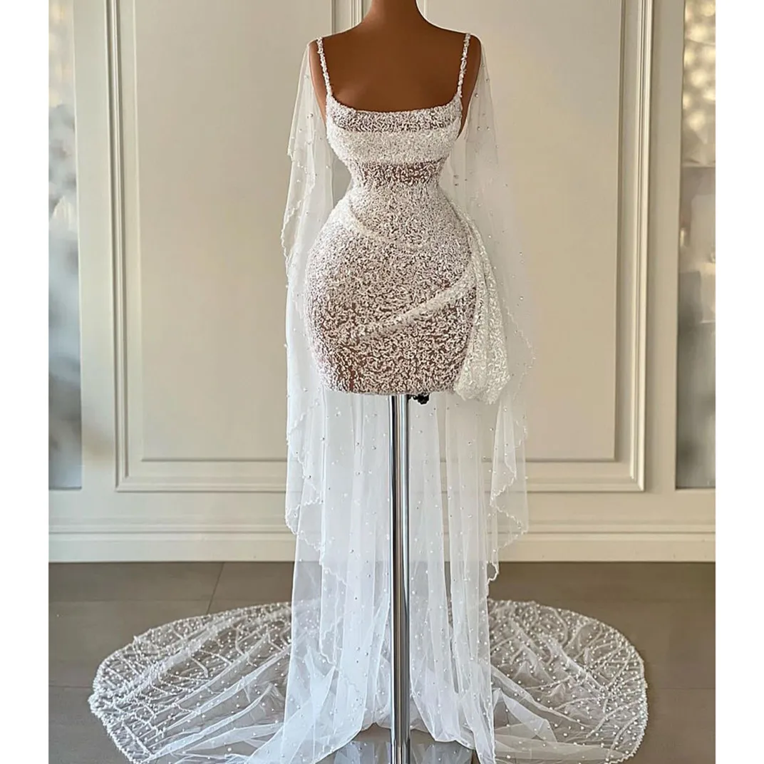 Robe de soirée courte en dentelle 3D, élégante, Bateau, sans manches, bretelles en paillettes, châle, applications perlées, robes de bal ajourées, sur mesure