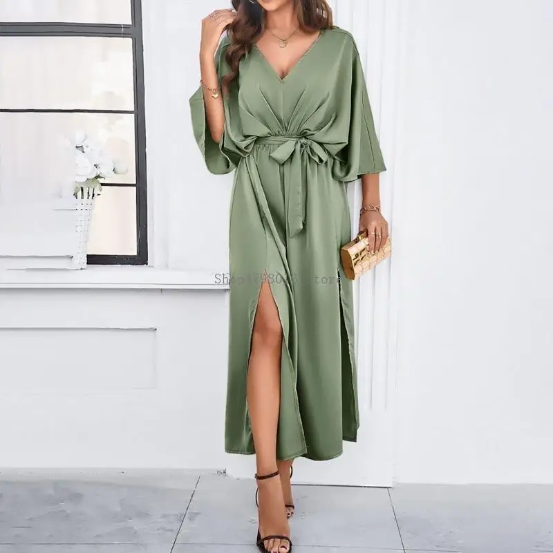 Women's V Neck Backless Color Casual Elegant Leg Slit Bottom Blouses Belt Dress