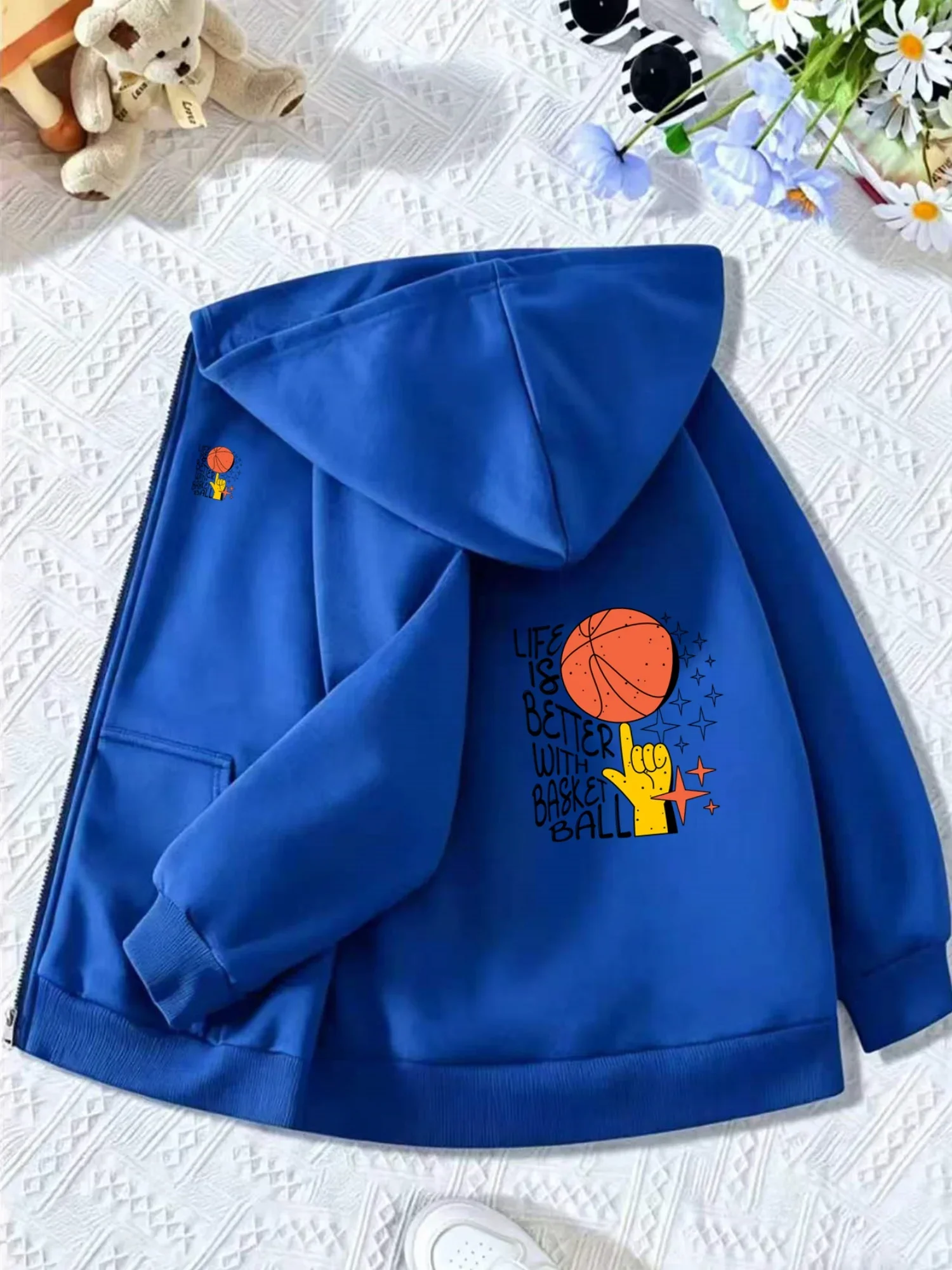Kids Zip Up Hooded Jacket Life Is Better With Basketball Star Hand Graphic Long Sleeve Casual Outerwear For Boys Girls