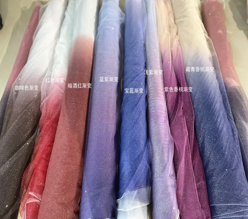 Blue Gradient Color Red Stars Mesh Gilding Sequins Dusting Powder Draping Fabric for Wedding Dress Cloth Fabric