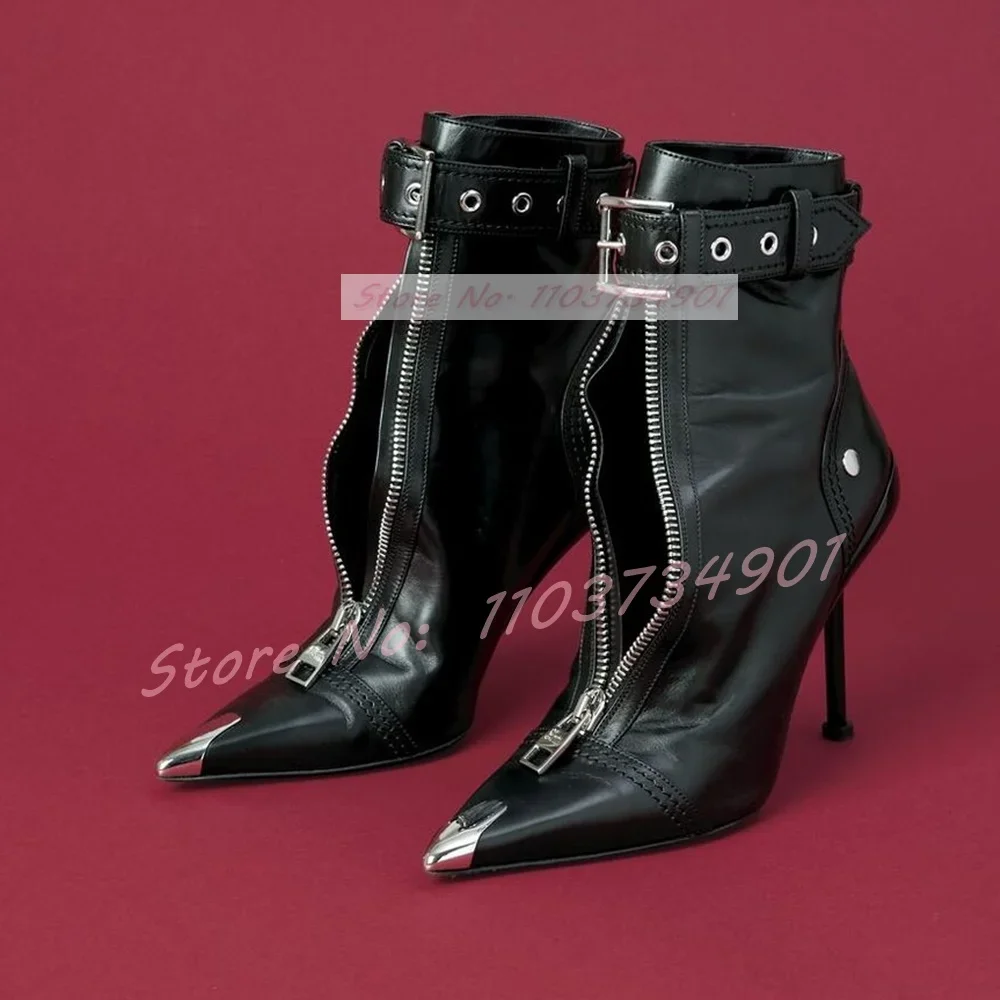 女性用中空アンクルブーツ,ベルトバックル,ジッパー,先のとがった金属のつま先,ハイヒール,スティレット,縫製靴,エレガントなパーティー,セクシー
