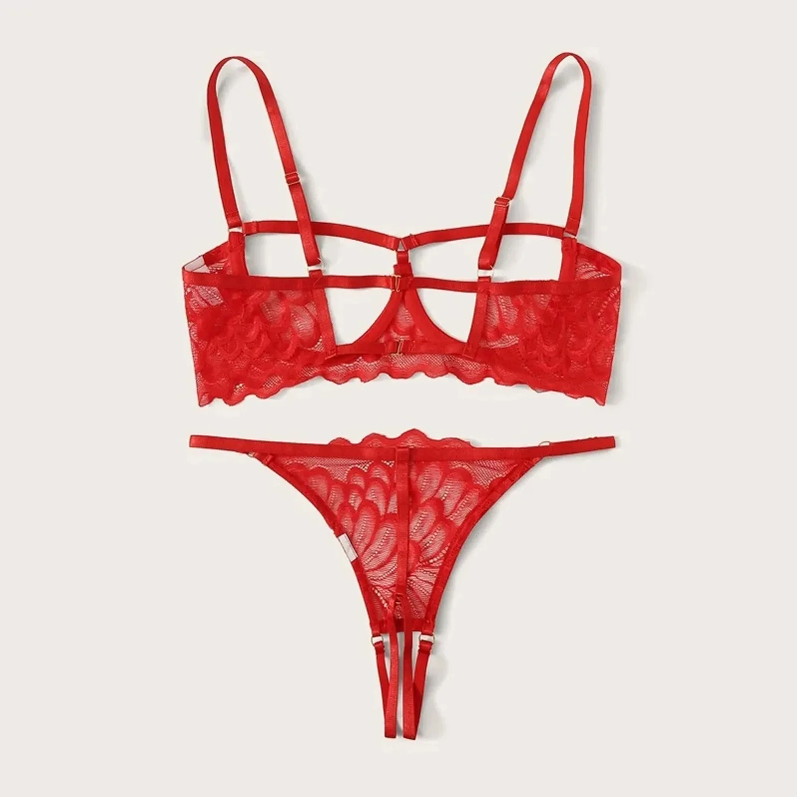 2023 Women\'s Lingerie Set Sexy Lace Mesh Hollow Out Open Bras Crotchless Panties Two-piece Suit Red Underwear Set Babydolls