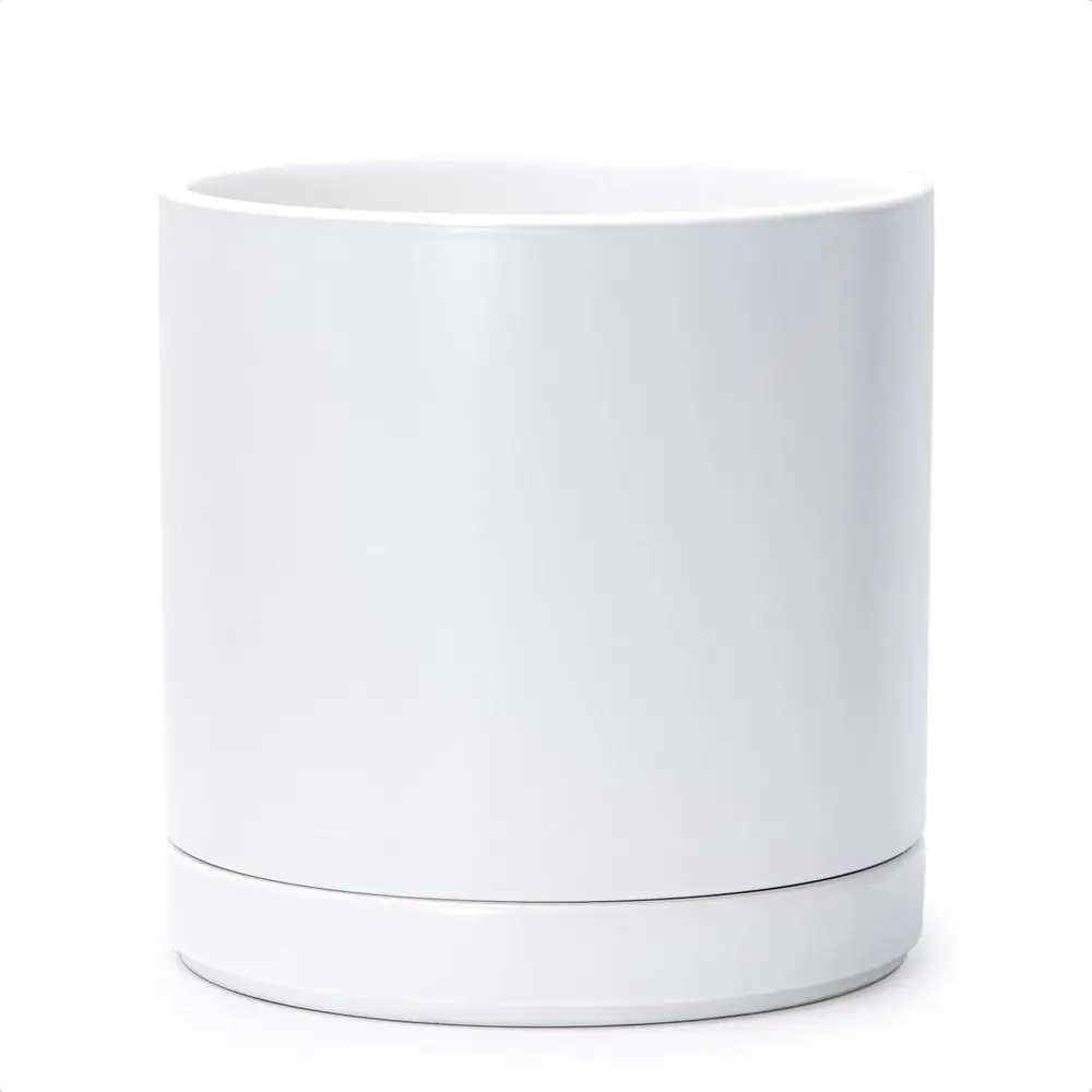

10 Inch Round Indoor Cylinder Planter Pot with Drainage Hole and Saucer, White
