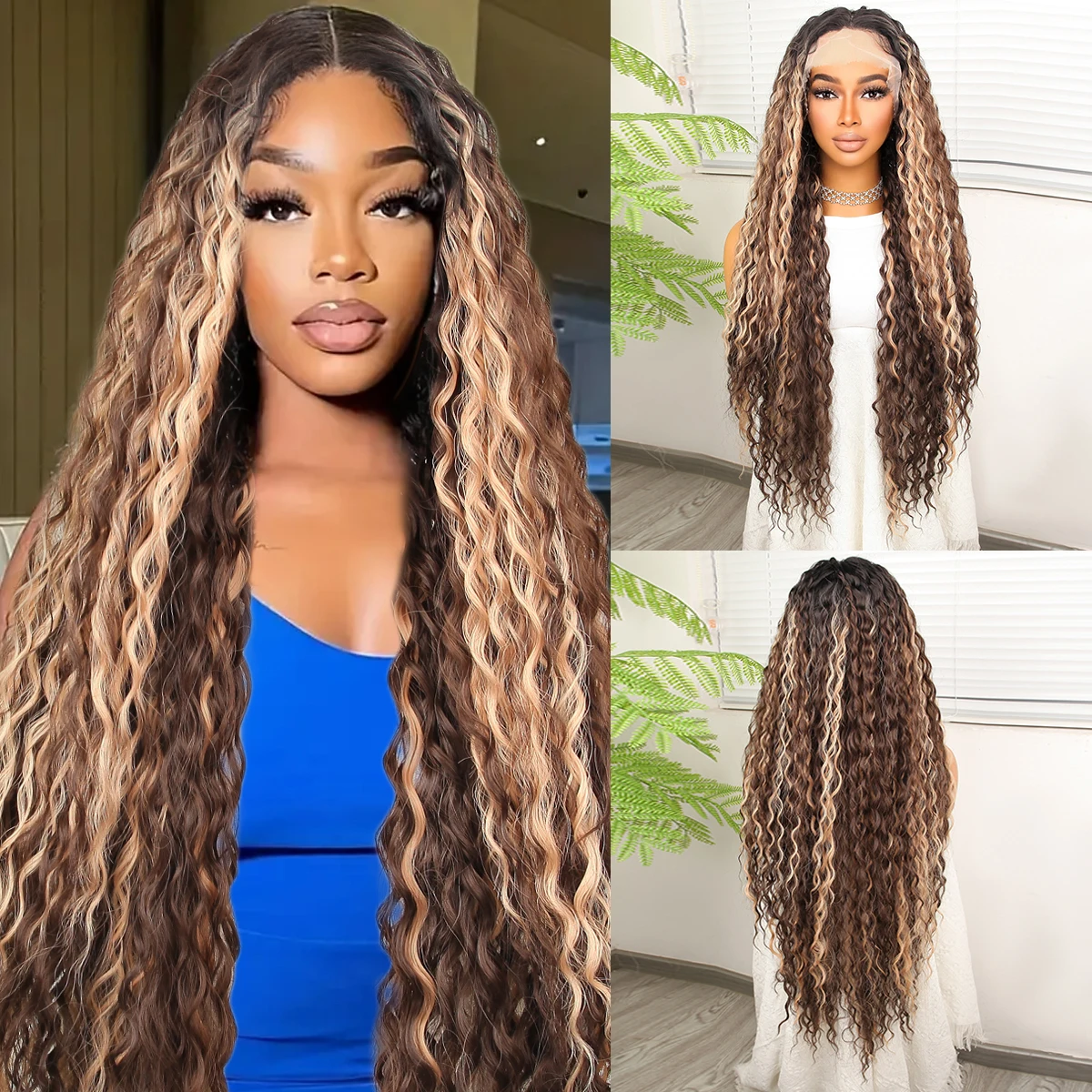 13*4.5 Lace Front Wigs Perfect for Any Occasion 32inch 180 Density Synthetic Wig  Long Curly Wig brown gold Ombre Blonde