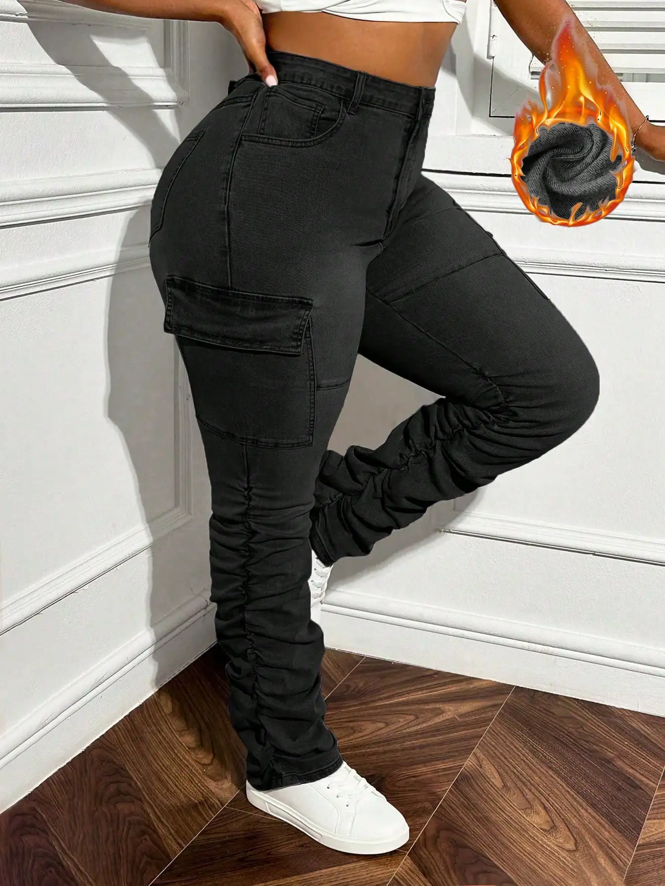 Plus Size Women's High-Waisted Cargo Pants with Ruched Legs and Thermal Lining