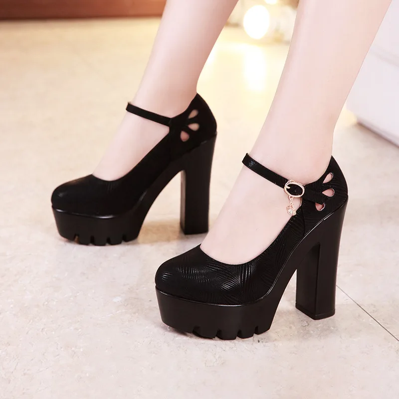Fashion Small Size 32-43 Shallow Block High Heels Shoes Stripe Mary Janes Women2024 Fall Thick Bottom Platform Pumps Ofifce Mom