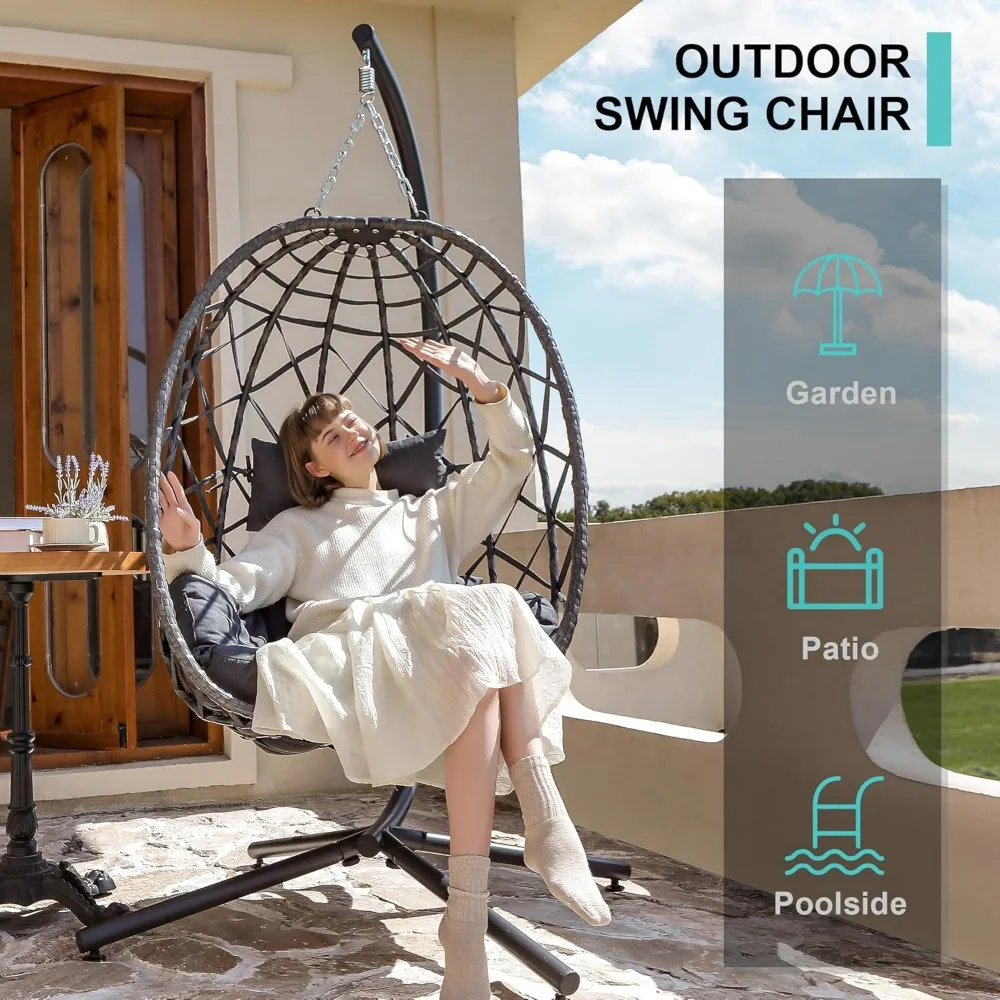 Egg Swing Chair with Stand, Outdoor Patio Hanging Egg Chair, Indoor Hammock Chair with Cushion for Garden Backyard image 3
