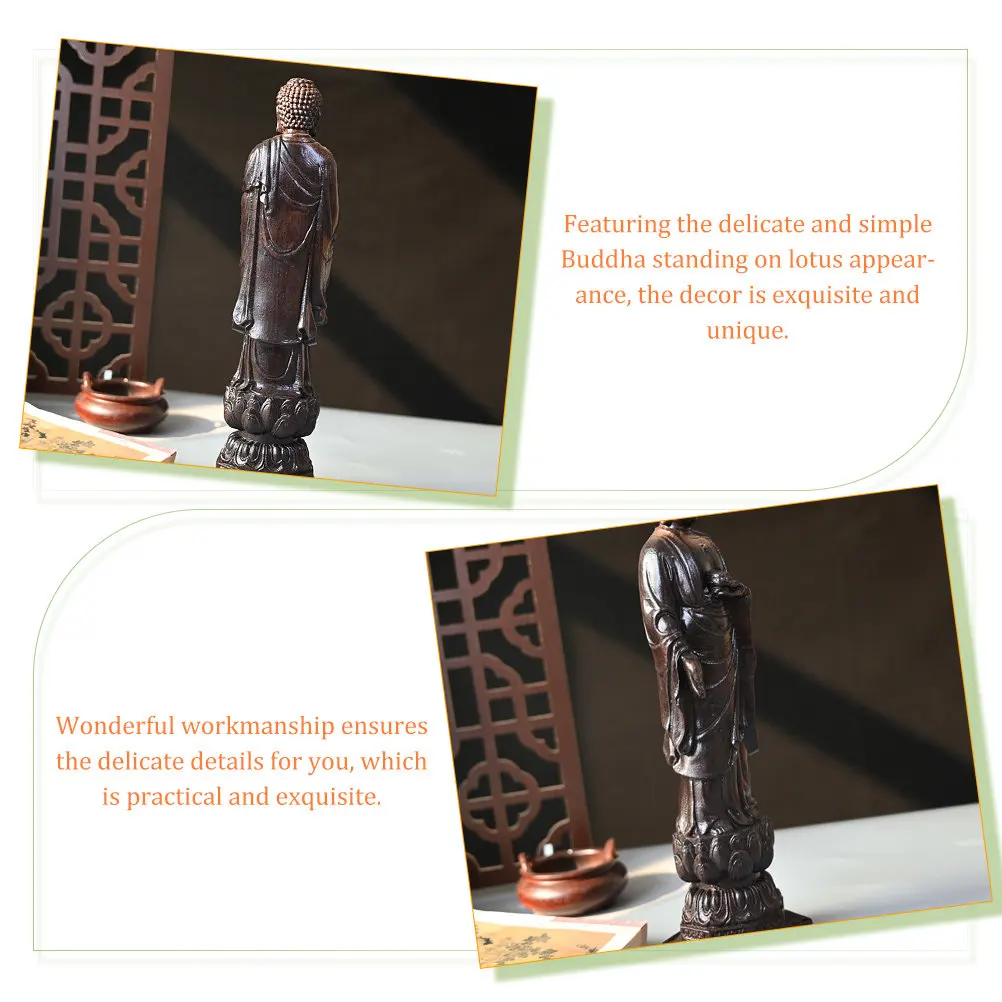 Wood Buddha Standing on Lotus Statue Retro Desktop Buddha Decor Exquisite Wood Sculpture Home Decoration Buddhist Gift - view 3