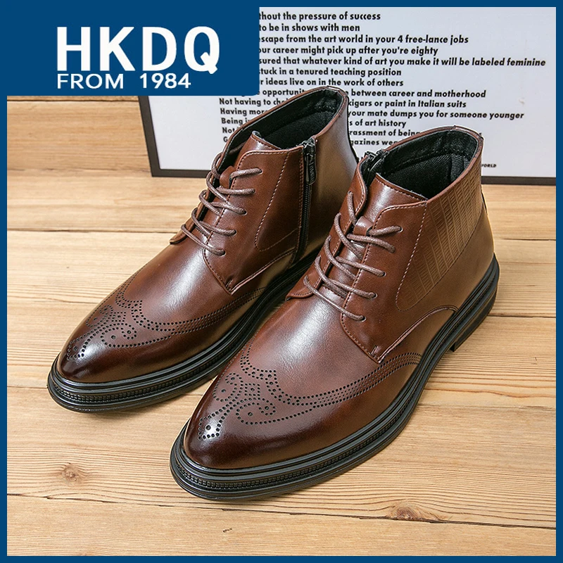 

HKDQ Classic Elegant Men's Oxford Shoes Business Casual Dress Boots For Men Leather Brown High Top Pointed Toe Brogue Shoes Man