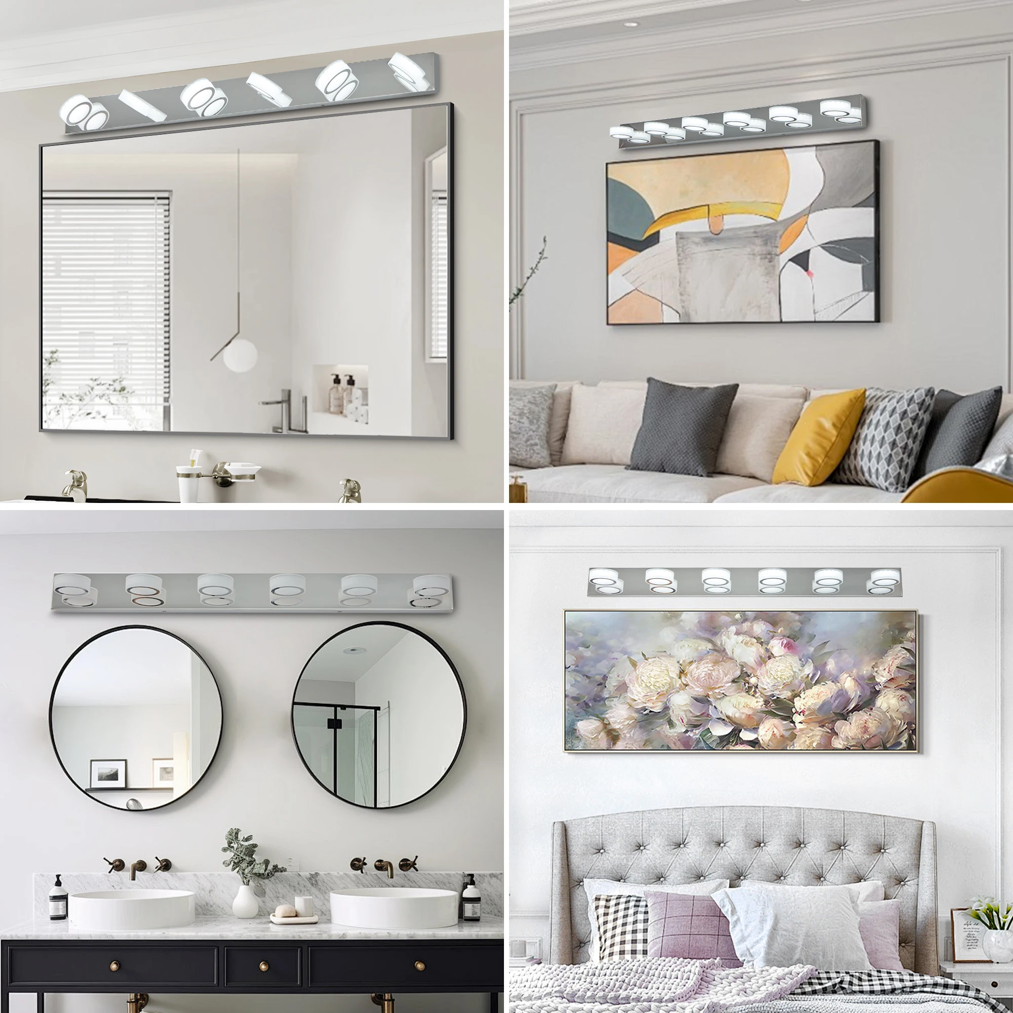 6-Light Bathroom Vanity Light Over Mirror Matte Chrome LED Vanity Lighting Fixtures 360°Rotating Lamp