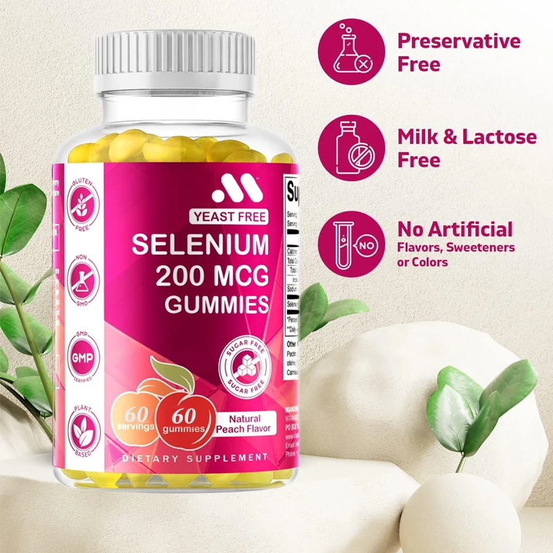 

Vitamin Free Yeast Selenium Gummies 200mcg Selenium Methionine Supplement Essential Trace Minerals, 60 Pectin Based Gummies