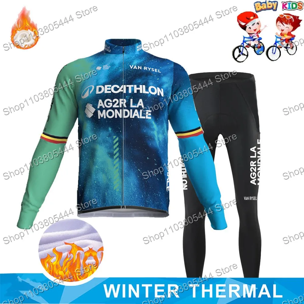 2024 Kids Ag2r Team Cycling Jersey Set Winter Long Sleeve Boys Girl Clothing Children Bike Jacket Bicycle Pant Suit MTB Uniform