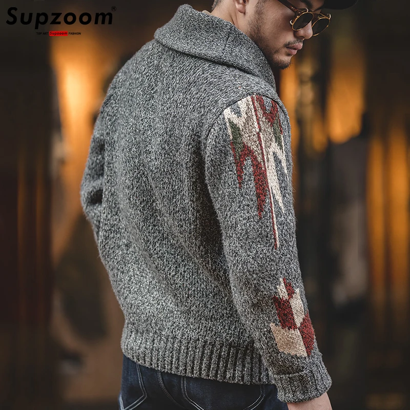 Supzoom-Cardigã de algodão espesso de peito único masculino, gola virada para baixo, suéter casual masculino, moda superior, nova chegada, 2023