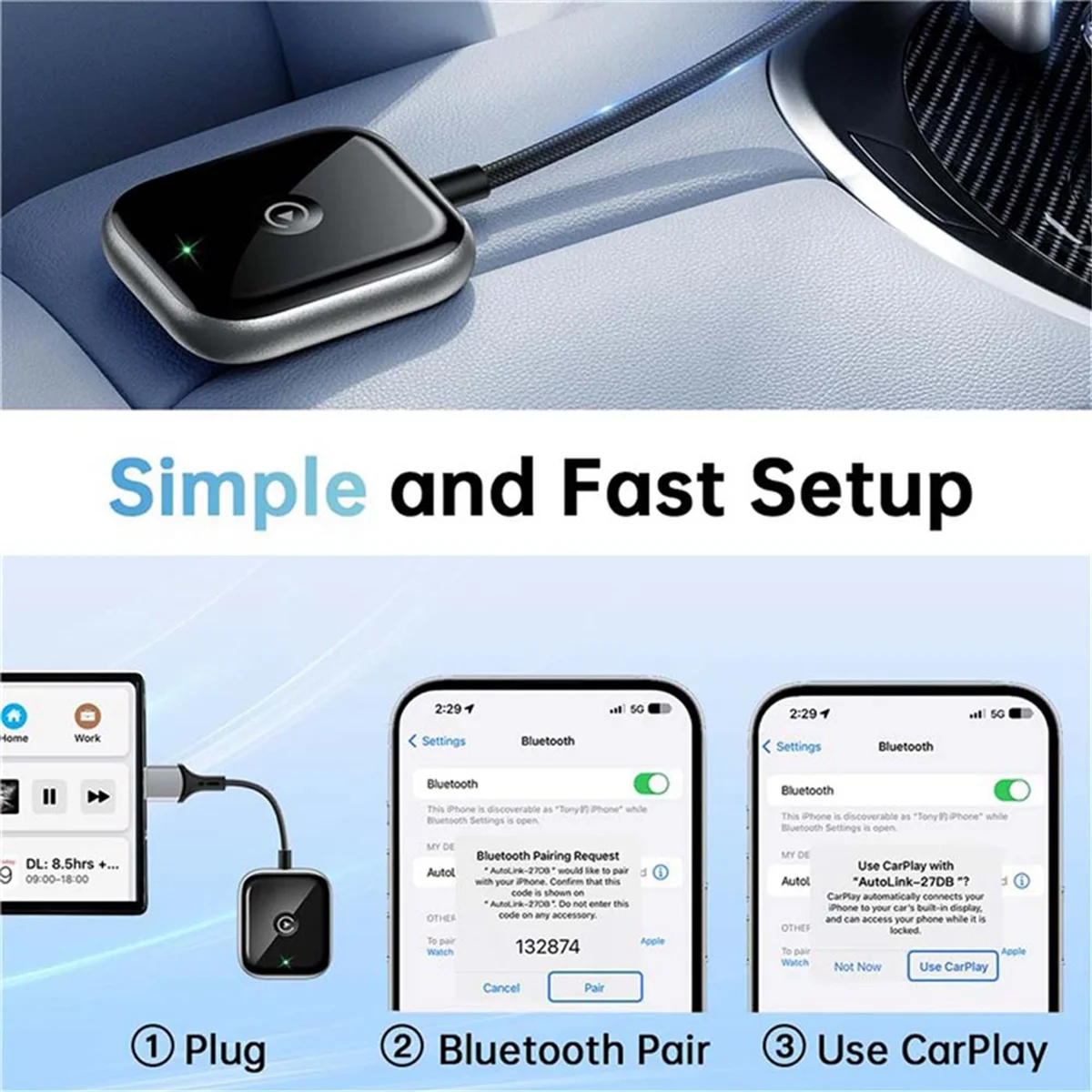 【تصقيد الأخير!】محول Carplay اللاسلكي 2 في 1 سلكي إلى محول لاسلكي للسيارة AI Box Plug & Play محول تشغيل السيارة الصغير باللون الأسود