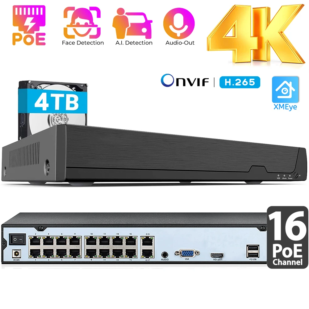 Enregistreur vidéo NVR POE pour caméras IP, jusqu'à 16 pièces, 8MP, 16 ports, 4K, 16CH, Onvif, XMeye