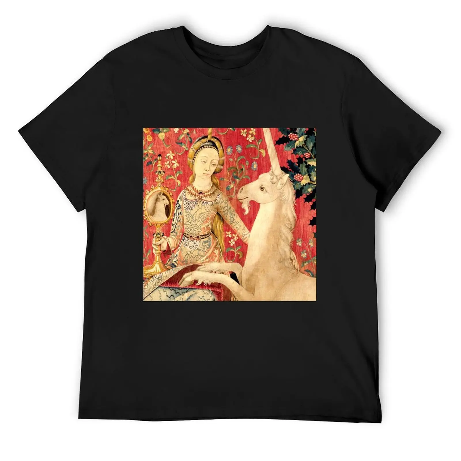 

LADY AND UNICORN ,SIGHT Red Green Fantasy Flowers,Animals Detail T-Shirt cute tops funny costumes mens t shirts pack
