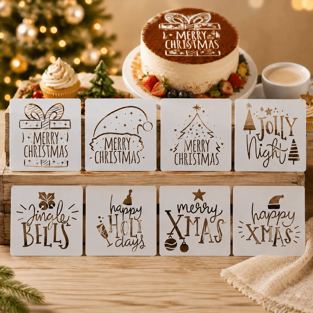 8Pcs Merry Christmas Cake Stencil Set, Food‑Grade PET DIY Baking Supplies for Cake, Cookie, Fondant, Holiday Party Dessert Decor