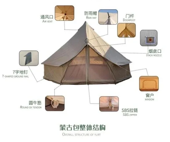 2024 Hot Sale 3M/4M/5M/6M/7M Outdoor Camping Luxury Yurt Zelt Glamping 4 Season 5-12 Persons Family Canvas Oxford Bell Tent