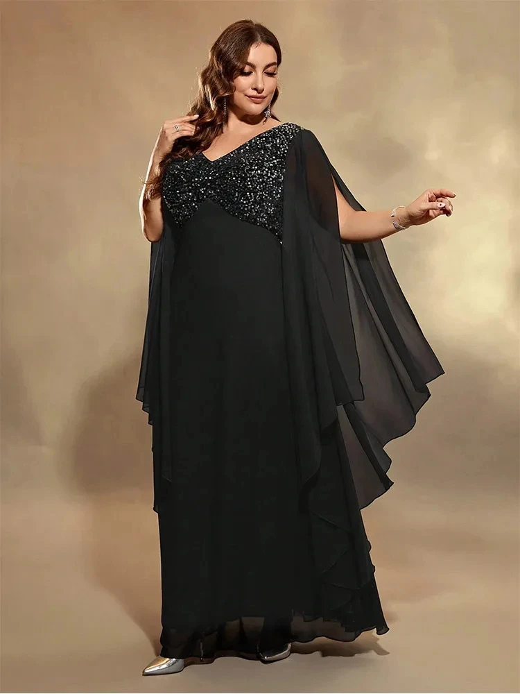 

2024 Summer Big Size Elegant Chiffon Evening Gown V-neck Black Sequin Floor-length Wedding Evening Gown