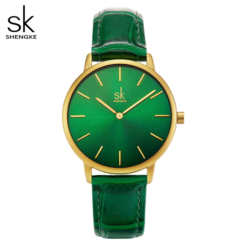 Shengke Fashion Leather Strap Women Watches Green Watch for Women Reloj Mujer Casual Ladies Quartz Wristwatches Relogio Feminino