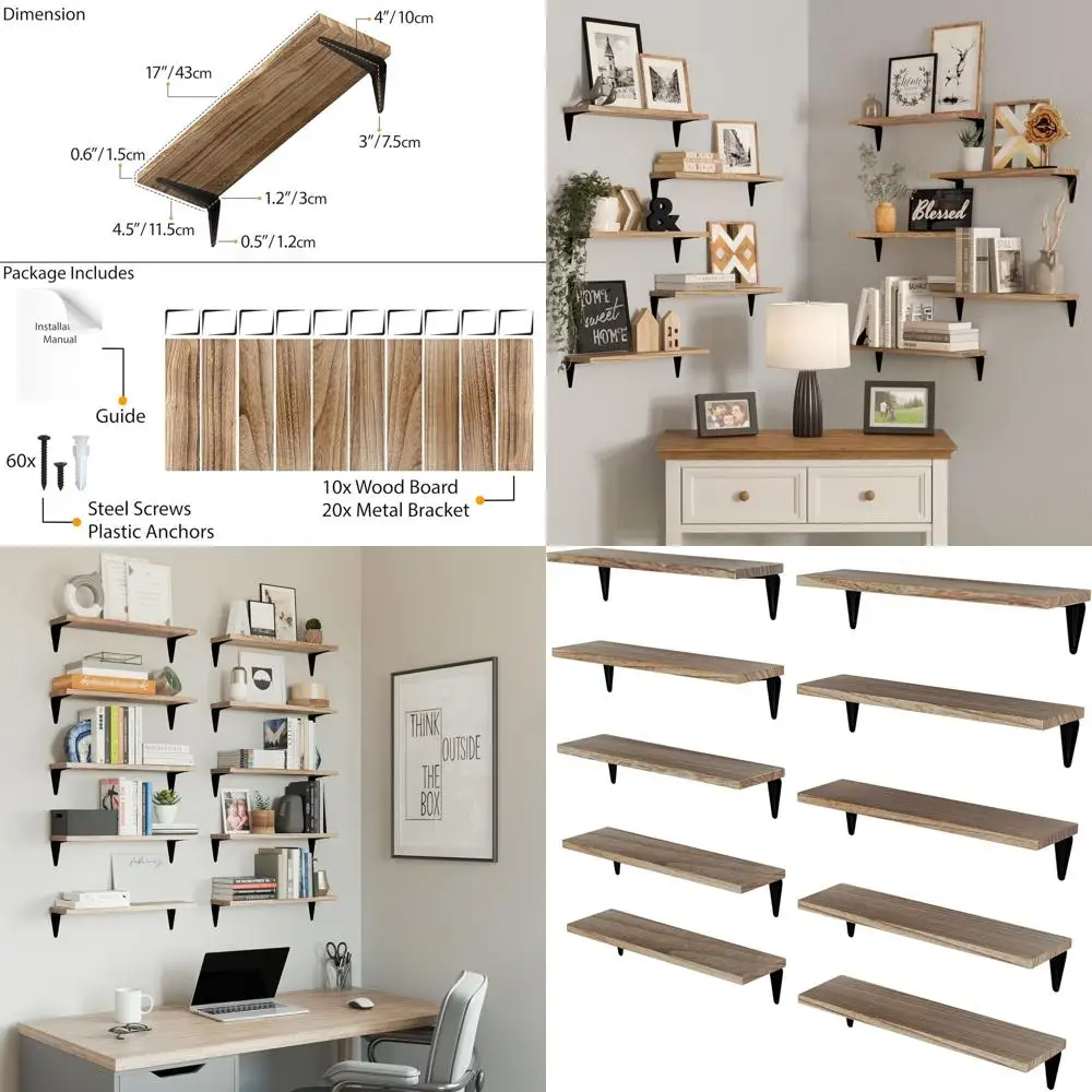 

Set of 10 Floating Wall Shelves, Small Hanging Bookshelves for Home and Office, Burnt Finish