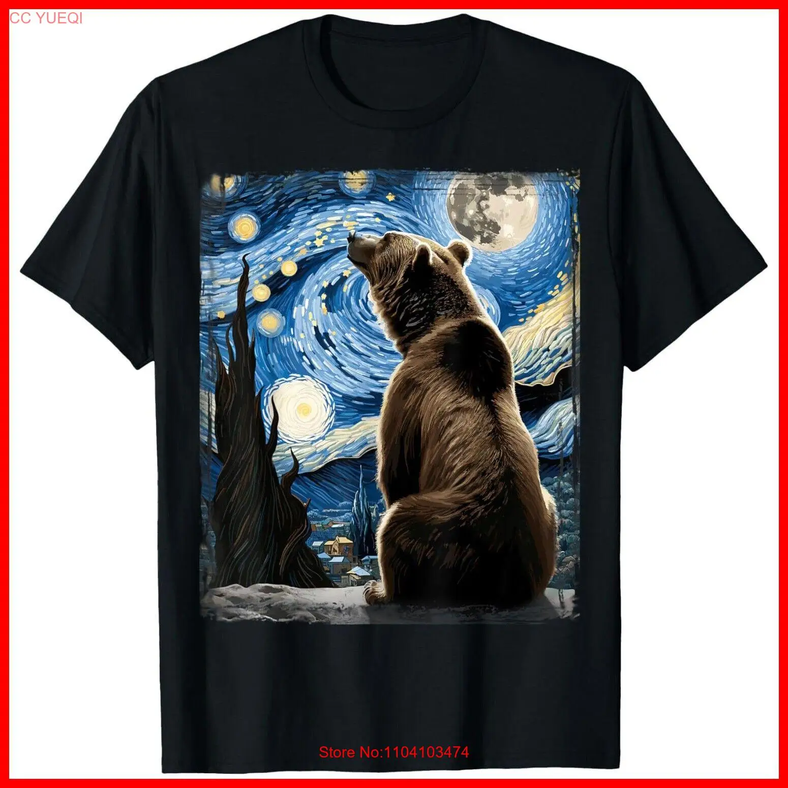 

Черная хлопковая футболка с рисунком медведя в стиле Ван Гога Starry Night Grizzly Bear