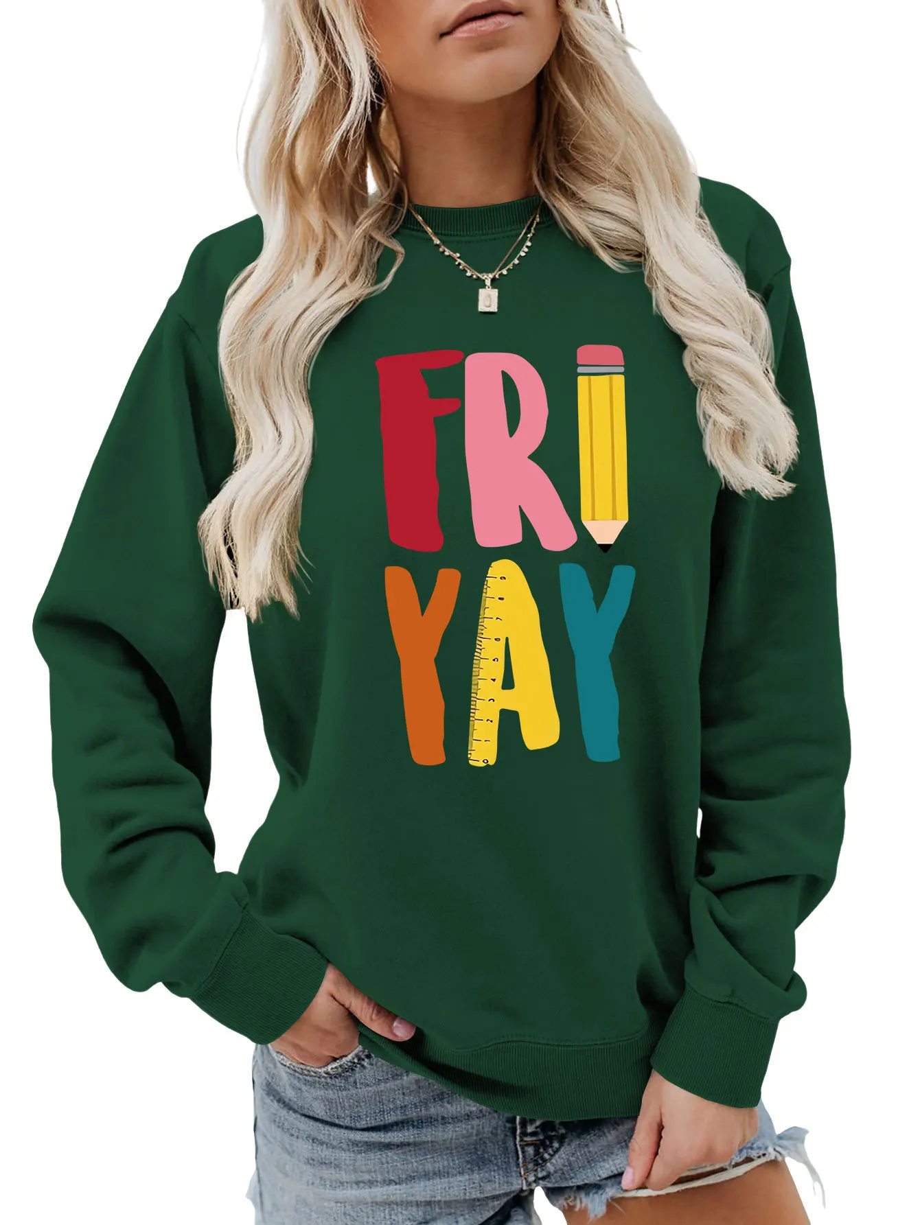 Autumn and winter new long-sleeved T-shirt hoodie fri yay printed casual loose fashion crew-neck top all match women's pullover