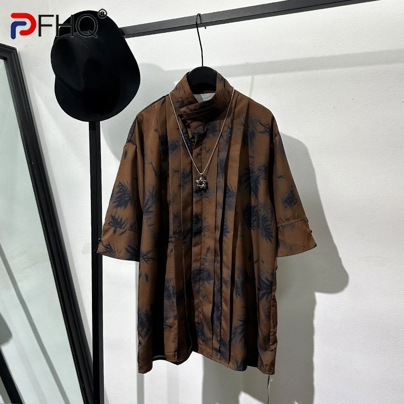 

PFHQ Summer Vintage Male Tops Print Stand Collar Button Short Sleeved Haute Quality Advanced Original Men's Sports Shirt 21Z4903