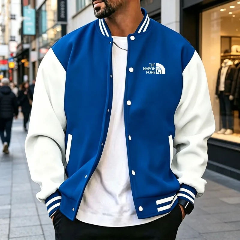 

Men's Classic School Team Jacket Striped Ribbed Border Button Cardigan EA Pattern Printed Loose Casual Street Jacket