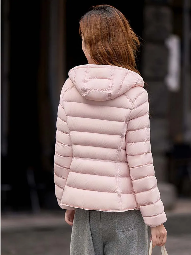 Women's Short Lightweight Hooded Down Jacket 2026 Autumn Winter High qulaity Waist-Cinched puffer coat Warm Solid color DJ729