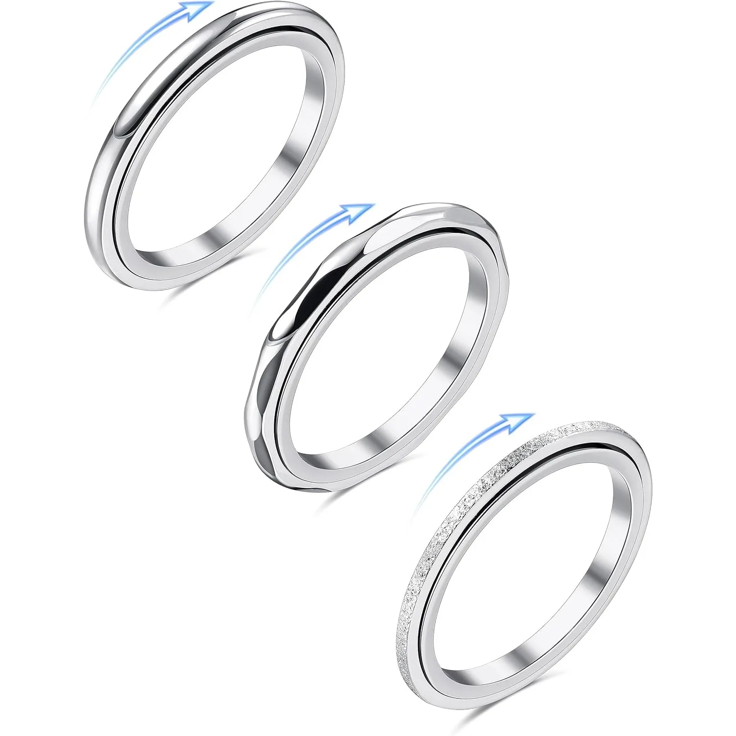 Bobisty 3-teiliges Fidget-Ring-Set für Frauen und Männer Edelstahl-Ringe zur Angstlinderung Anti-Stress-Band Daumen-Spinner-Ring Schmuck-Geschenk