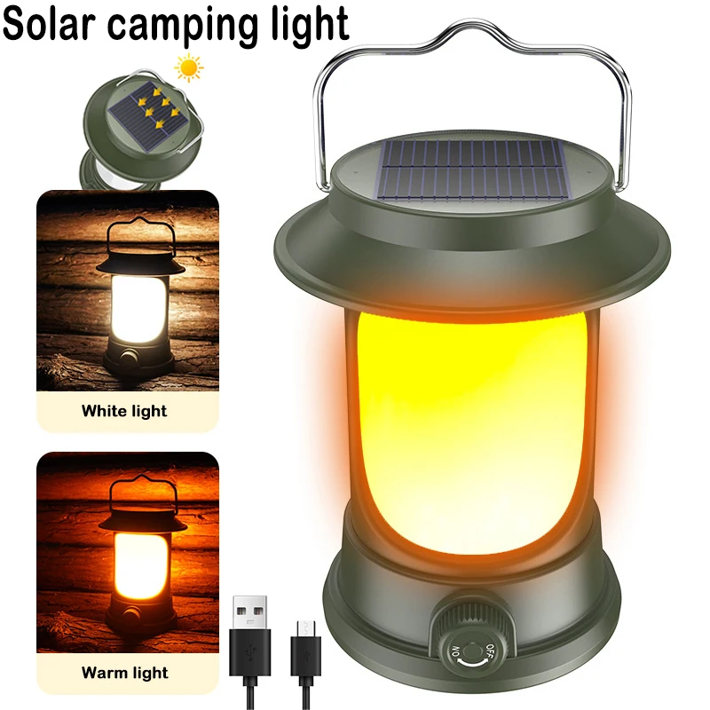 Lanterna de acampamento portátil Solar Vintage, USB recarregável, Luz de tenda ao ar livre, LED, Luz quente, Noite, Caminhadas, Pesca, Handheld