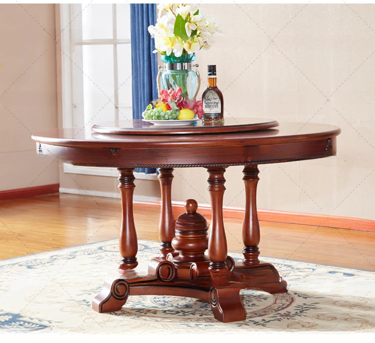 American Style All Solid Wood Dining Room Table and Chair Set Modern Extended Round Table 6 Chairs