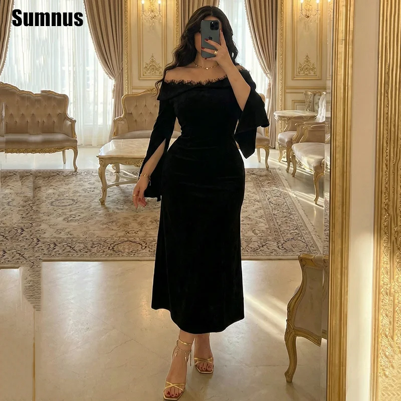 

Очаровательное черное бархатное вечернее платье Sumnus в стиле русалки с кружевом, открытыми плечами и плиссировкой, миди, 2026, на заказ