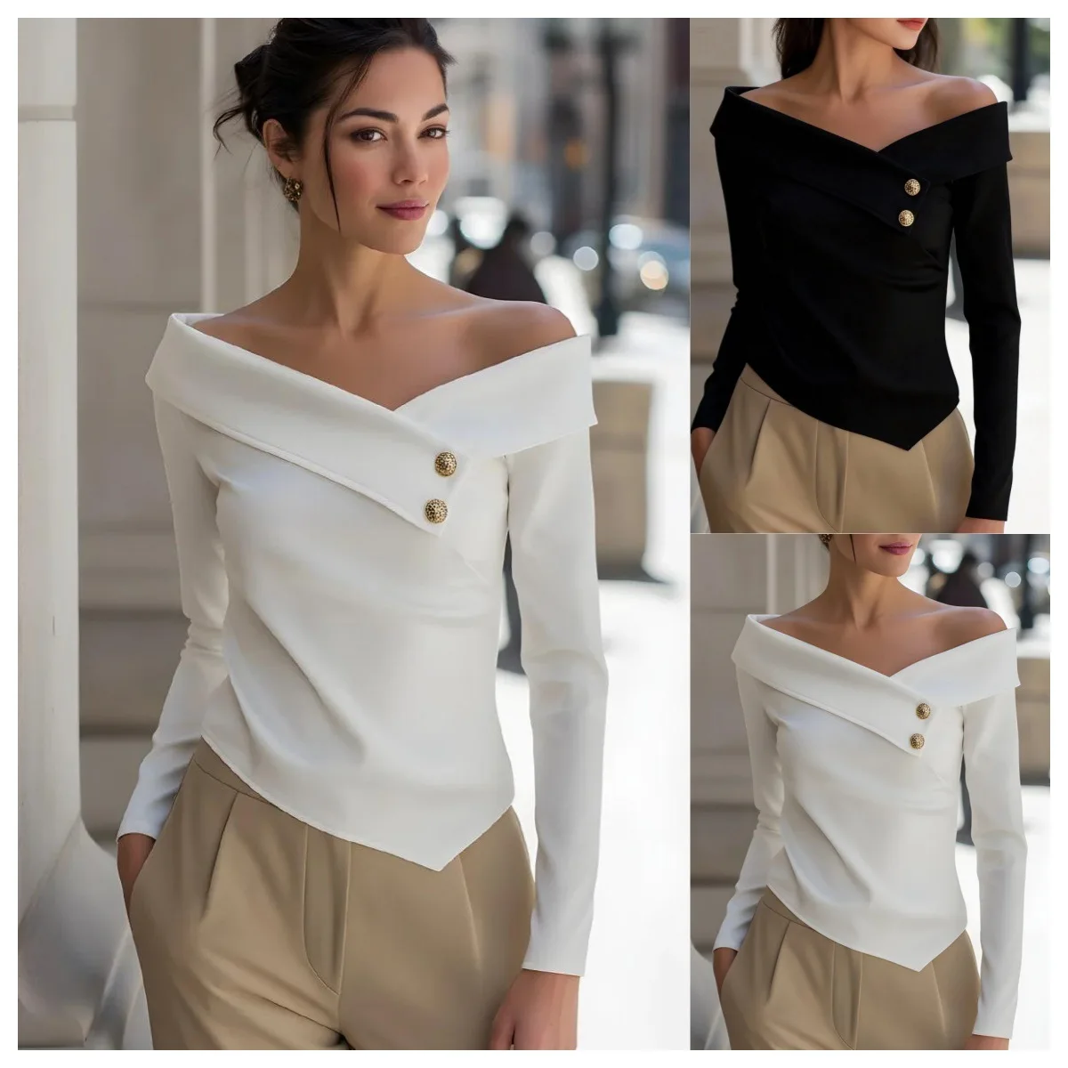 

2026 New Arrival: Elegant Off-Shoulder Long-Sleeve Shirt for Women Women's T-Shirt for Commuting and Shopping