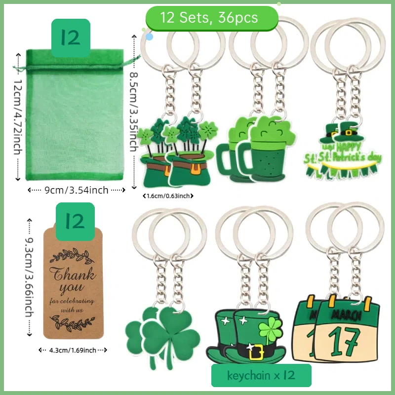 12 Sets St. Patrick's Day Party Favors Irish Festival Themed Party Decor Keychain with 12 Keychains Thank You Tags  Gift Bags