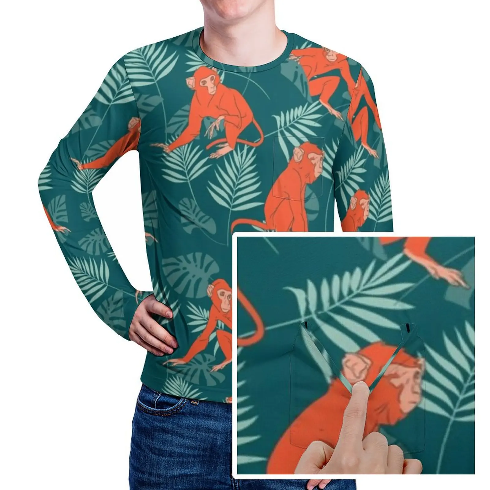 Monkey Forest T-Shirt Green Leaves Print Fashion T Shirts Pocket Long Sleeve Pattern Tops Autumn Streetwear Oversized Clothes